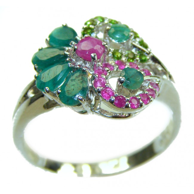 Luxurious 10.5 carat Emerald Ruby .925 Sterling Silver handcrafted Cocktail Ring s. 9 - photo 2