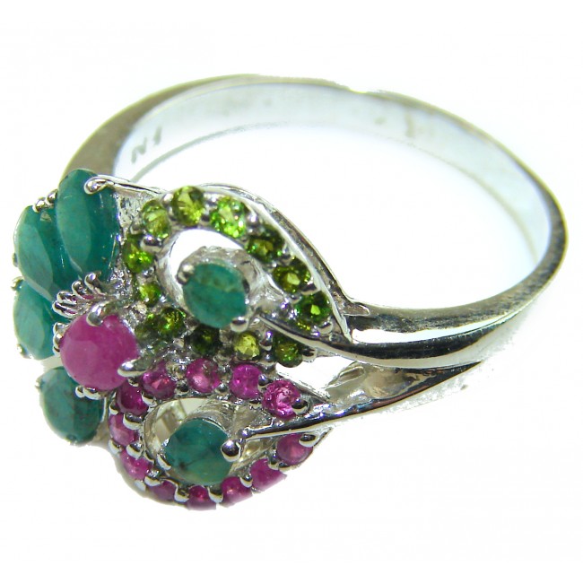 Luxurious 10.5 carat Emerald Ruby .925 Sterling Silver handcrafted Cocktail Ring s. 9 - photo 1