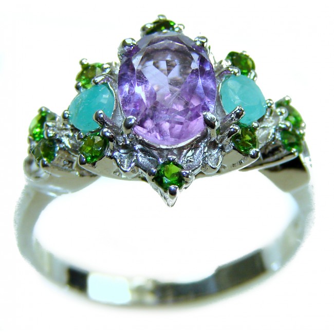4.8 carat Purple Amethyst .925 Sterling Silver Handcrafted Ring size 8 - Close-up of handcrafted silver ring with purple amethyst and green gemstones.