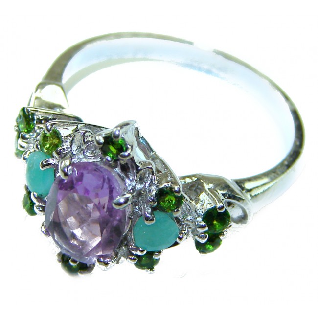 4.8 carat Purple Amethyst .925 Sterling Silver Handcrafted Ring size 8 - Close-up of purple amethyst and green stones sterling silver ring.