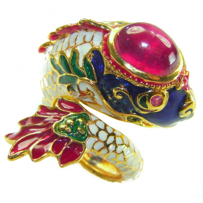 Large - Statement- Fish Enamel 9.8 CARAT Ruby 18K Gold over .925 Sterling Silver Huge handcrafted Ring s. 7