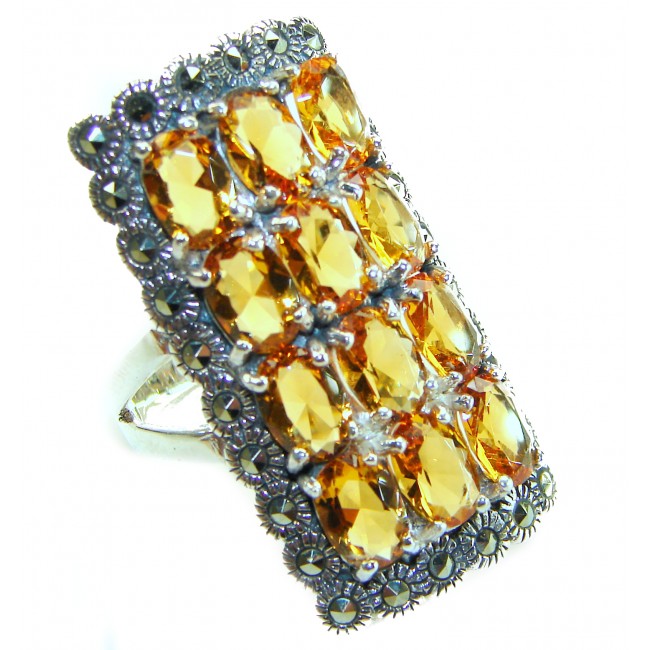 Golden Royalty 44.5 carat Citrine Marcasite .925 Sterling Silver Handcrafted Huge Ring size 8