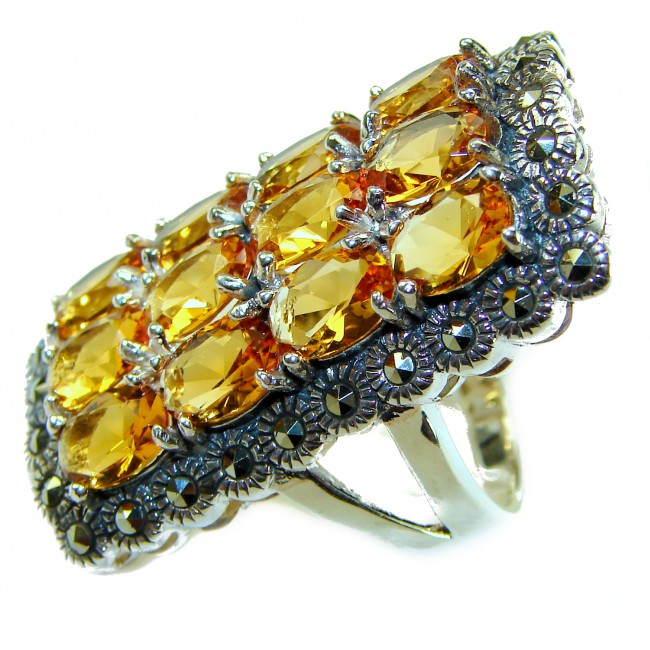Golden Royalty 44.5 carat Citrine Marcasite .925 Sterling Silver Handcrafted Huge Ring size 8
