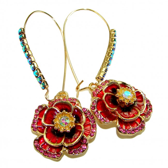 Carmen -Mexican fiesta- Authentic 4.8 carat Crystal Enamel 14K Gold over .925 Sterling Silver handcrafted earrings