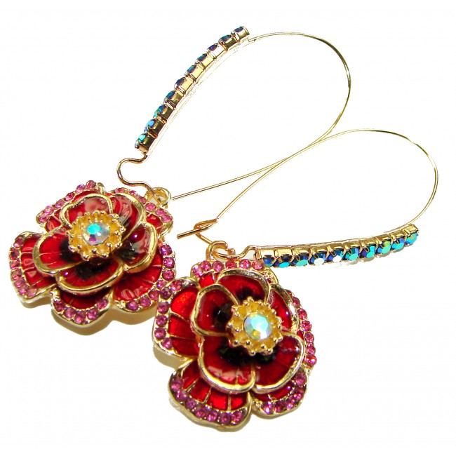 Carmen -Mexican fiesta- Authentic 4.8 carat Crystal Enamel 14K Gold over .925 Sterling Silver handcrafted earrings