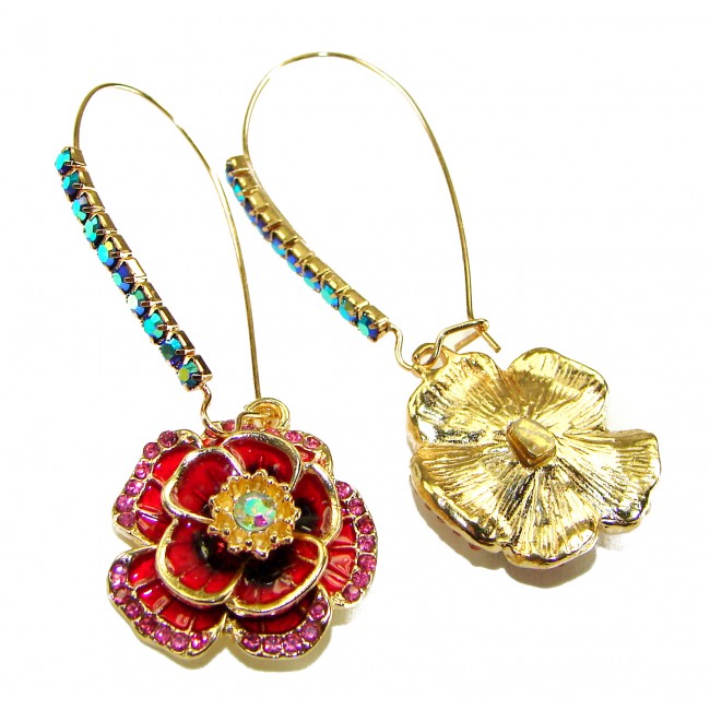 Carmen -Mexican fiesta- Authentic 4.8 carat Crystal Enamel 14K Gold over .925 Sterling Silver handcrafted earrings