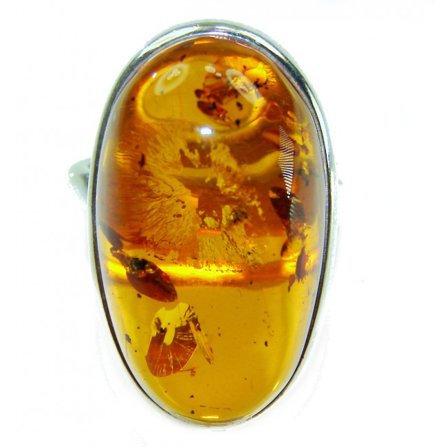 Beauty of the Nature Baltic Amber .925 Sterling Silver handcrafted ring; s. 7 adjustable - Close-up of Baltic amber stone in .925 sterling silver setting.