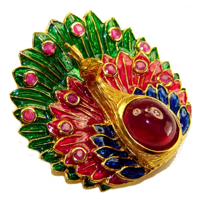 Luxurious Peacock genuine 12.5 carat Ruby Enamel 22K Gold over .925 Sterling Silver handmade Pendant - Brooch