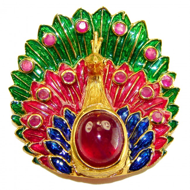 Luxurious Peacock genuine 12.5 carat Ruby Enamel 22K Gold over .925 Sterling Silver handmade Pendant - Brooch