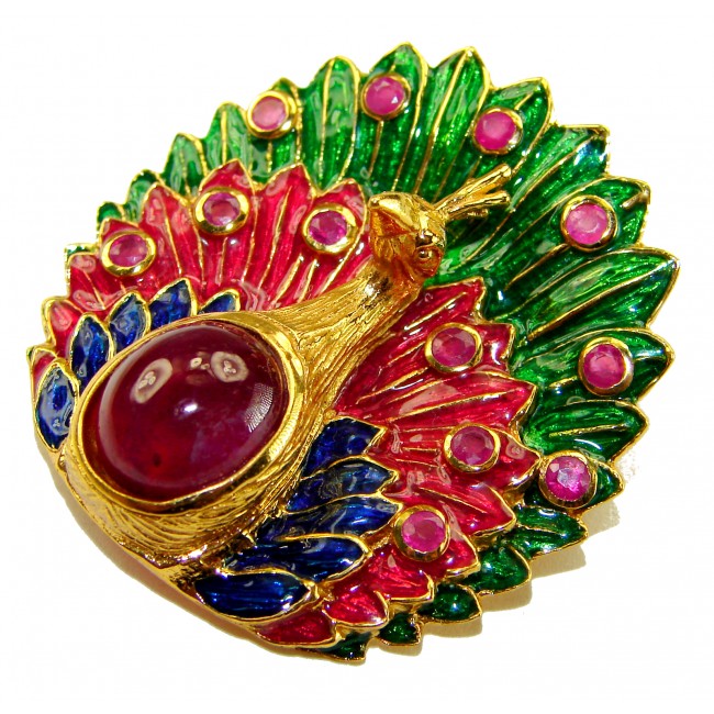 Luxurious Peacock genuine 12.5 carat Ruby Enamel 22K Gold over .925 Sterling Silver handmade Pendant - Brooch