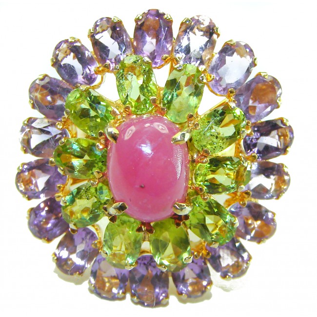 Bella Rosa Natural 25.4 carat Pink Ruby .925 Sterling Silver dipped in 14K Gold handmade Statement Ring size 6 - Close-up of Bella Rosa Pink Ruby ring with green and purple gemstones.