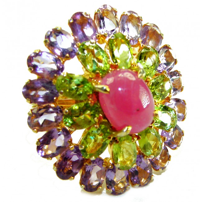 Bella Rosa Natural 25.4 carat Pink Ruby .925 Sterling Silver dipped in 14K Gold handmade Statement Ring size 6 - Close-up of Bella Rosa Natural Pink Ruby ring with amethyst and peridot.