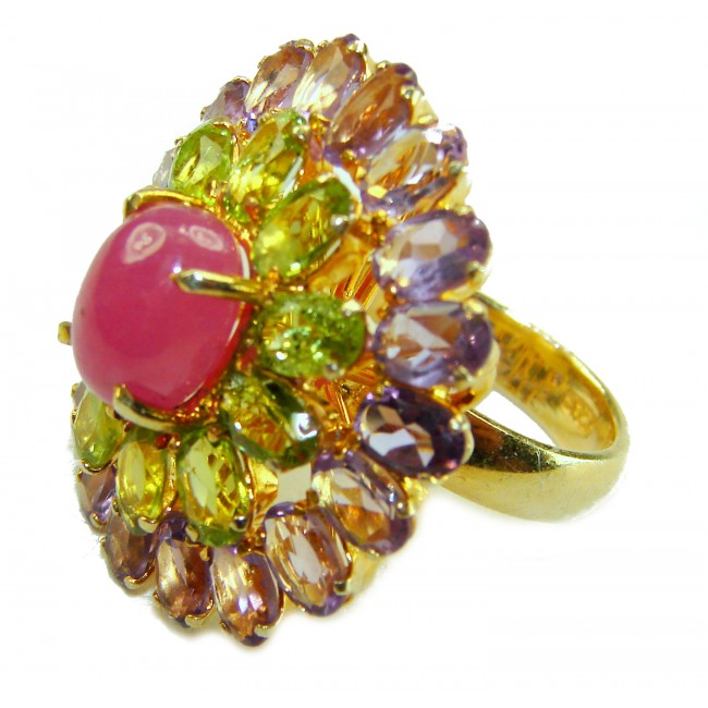 Bella Rosa Natural 25.4 carat Pink Ruby .925 Sterling Silver dipped in 14K Gold handmade Statement Ring size 6 - Side view of Bella Rosa pink ruby ring with colorful gemstones.