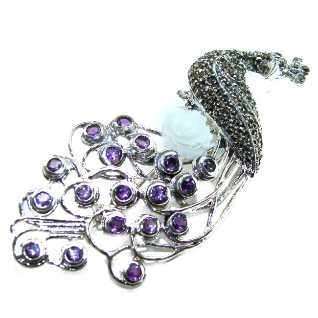 Huge Natural 8.9 carat Amethyst Greaceful Peacock .925 Sterling Silver Large Brooch