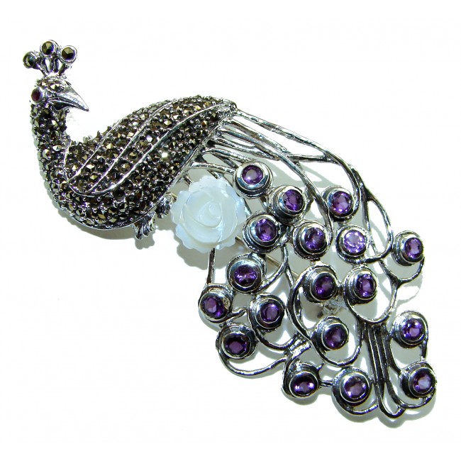 Huge Natural 8.9 carat Amethyst Greaceful Peacock .925 Sterling Silver Large Brooch