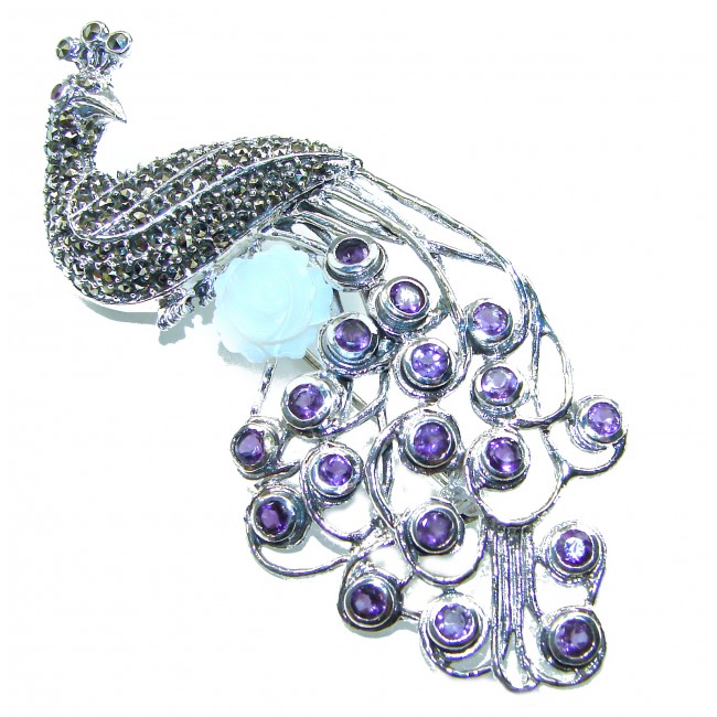 Huge Natural 8.9 carat Amethyst Greaceful Peacock .925 Sterling Silver Large Brooch