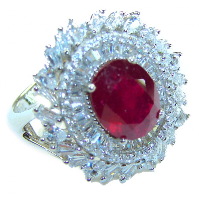 Real Beauty Natural 3.9 carat Ruby .925 Sterling Silver handmade Statement Ring size 7 1/4 - Close-up of 3.9 carat ruby ring in sterling silver setting.
