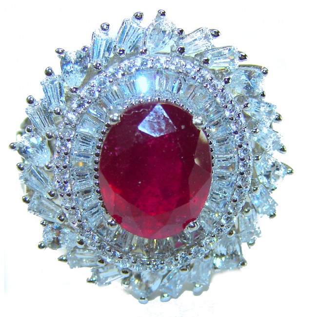 Real Beauty Natural 3.9 carat Ruby .925 Sterling Silver handmade Statement Ring size 7 1/4 - Close-up of a ruby and diamond ring, 3.9 carat, sterling silver.