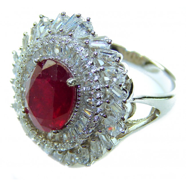 Real Beauty Natural 3.9 carat Ruby .925 Sterling Silver handmade Statement Ring size 7 1/4 - Close-up of a 3.9 carat ruby ring in .925 sterling silver.