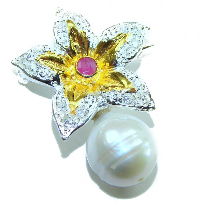 Genuine Pearl Ruby 14K Gold .925 Sterling Silver handmade Pendant Brooch