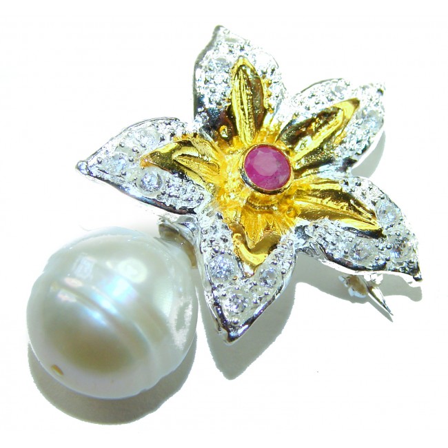 Genuine Pearl Ruby 14K Gold .925 Sterling Silver handmade Pendant Brooch