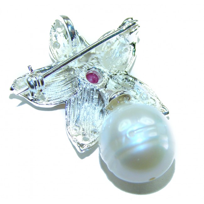 Genuine Pearl Ruby 14K Gold .925 Sterling Silver handmade Pendant Brooch