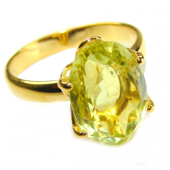 Solid 14.8 carat Genuine Lemon Quartz 18K Gold over .925 Sterling Silver handcrafted ring size 9