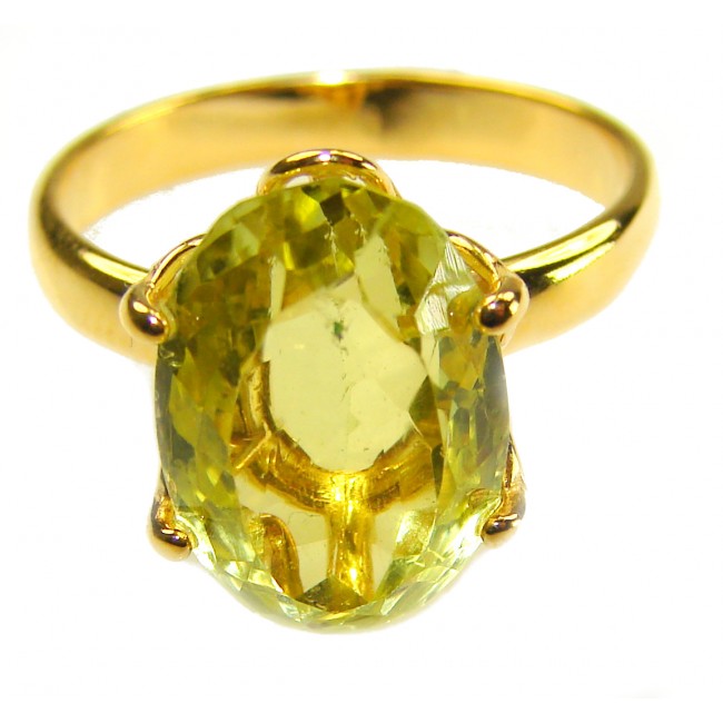 Solid 14.8 carat Genuine Lemon Quartz 18K Gold over .925 Sterling Silver handcrafted ring size 9
