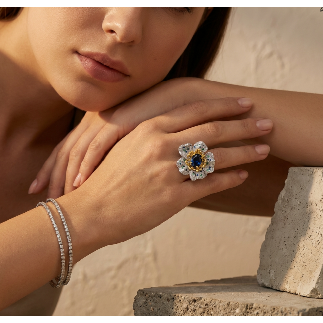 FLOWER - 4.8 carat Authentic SAPPHIRE 2 TONES .925 Sterling Silver Handcrafted Ring size 6 1/4 - photo 1