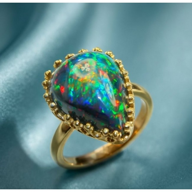 A COSMIC POWER Genuine 30.2 carat Black Opal 18K Gold over .925 Sterling Silver handmade Ring size 8