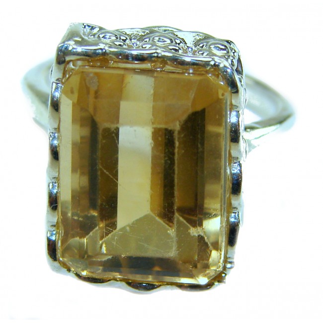 Solid 22.8 carat Genuine Lemon Quartz .925 Sterling Silver handcrafted ring size 9 - Close-up of lemon quartz ring with ornate sterling silver setting.