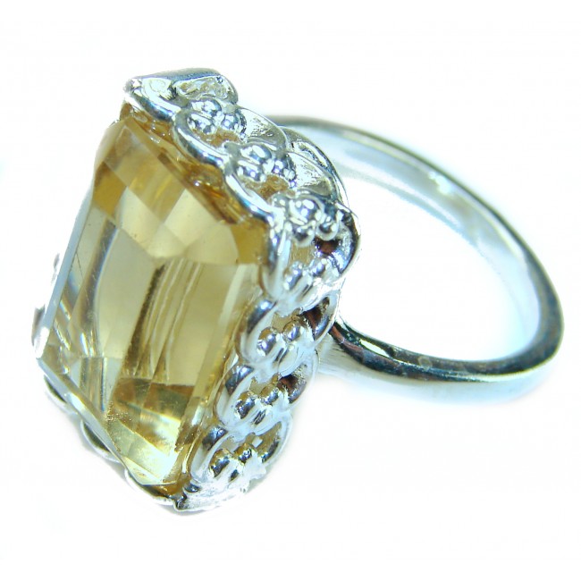 Solid 22.8 carat Genuine Lemon Quartz .925 Sterling Silver handcrafted ring size 9 - Close-up of 22.8 carat lemon quartz ring in .925 sterling silver setting.