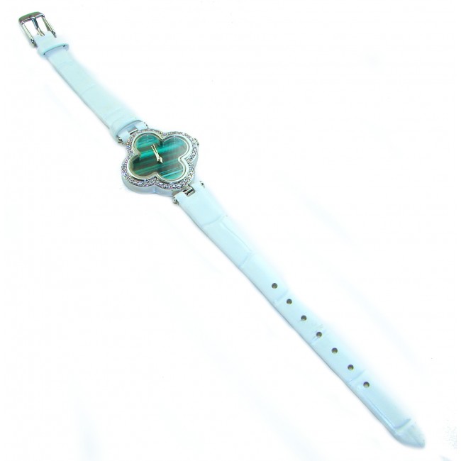 Precious 18.5 carat Authentic Four Leaf Clover Onyx Genuine Leather strap .925 Sterling Silver handmade Watch