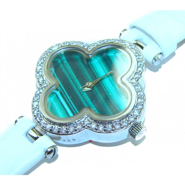 Precious 18.5 carat Authentic Four Leaf Clover Onyx Genuine Leather strap .925 Sterling Silver handmade Watch