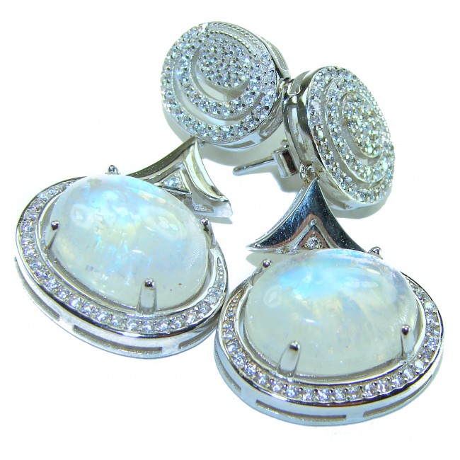 Moonlight Serenade authentic 17.5 carat Fire Moonstone Rhodium over .925 Sterling Silver handcrafted Statement earrings