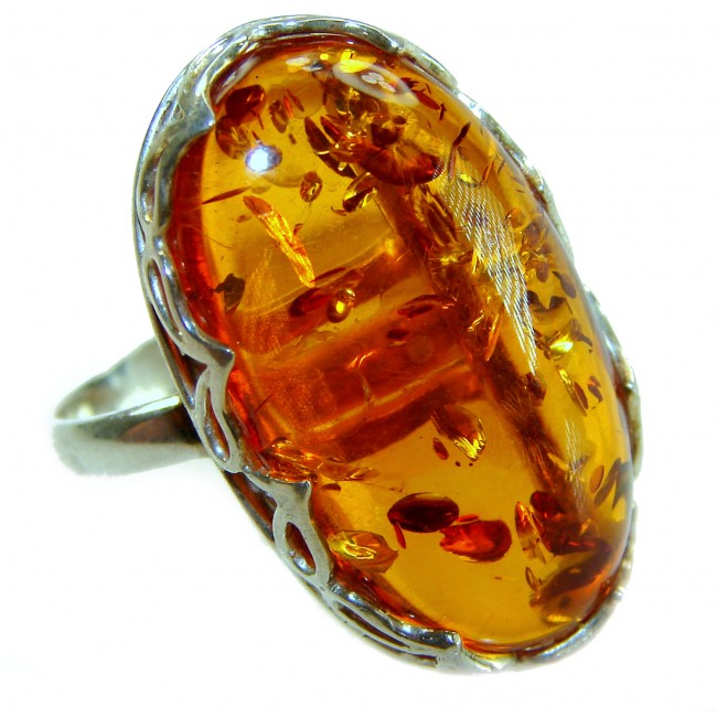 Beauty of the Nature Baltic Amber .925 Sterling Silver handcrafted ring; s. 7 adjustable - Close-up of Baltic amber ring set in .925 sterling silver.