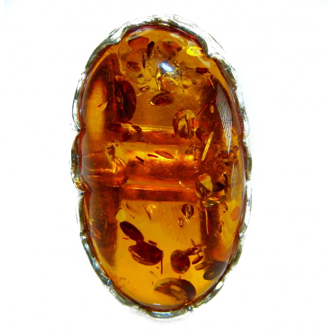 Beauty of the Nature Baltic Amber .925 Sterling Silver handcrafted ring; s. 7 adjustable - Close-up of Baltic amber stone in .925 sterling silver setting