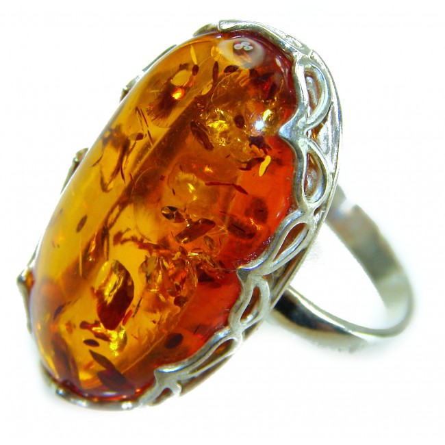 Beauty of the Nature Baltic Amber .925 Sterling Silver handcrafted ring; s. 7 adjustable - Close-up of Baltic Amber and Sterling Silver ring