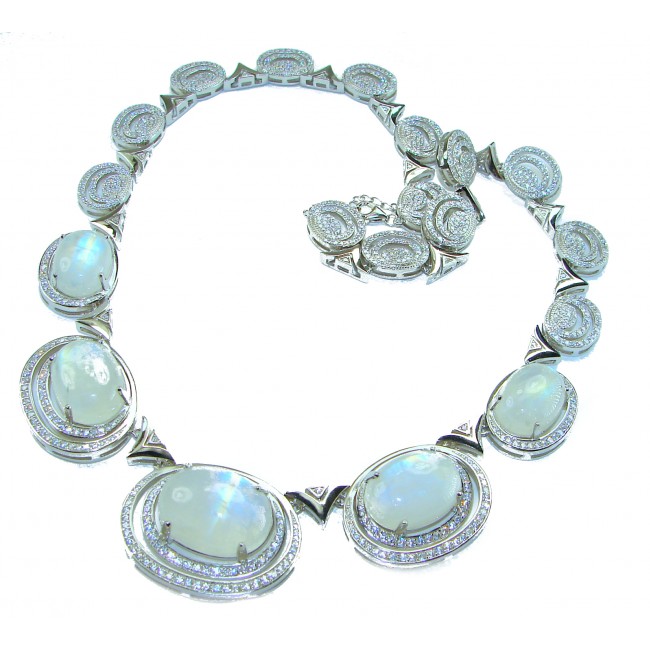 Moonlight Serenade authentic 62.5 carat Fire Moonstone Rhodium over .925 Sterling Silver handcrafted necklace