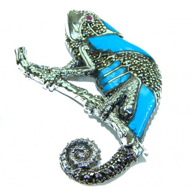 Spectacular Big Chameleon Lizard inlay Turquoise .925 Sterling Silver handmade Brooch