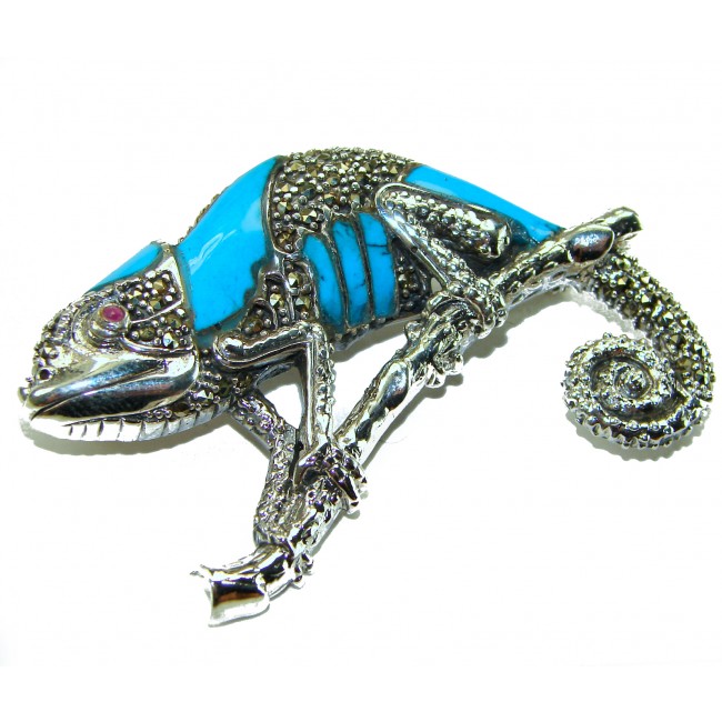 Spectacular Big Chameleon Lizard inlay Turquoise .925 Sterling Silver handmade Brooch