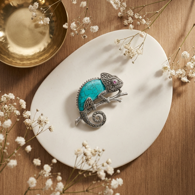 Spectacular Big Chameleon Lizard inlay Turquoise .925 Sterling Silver handmade Brooch