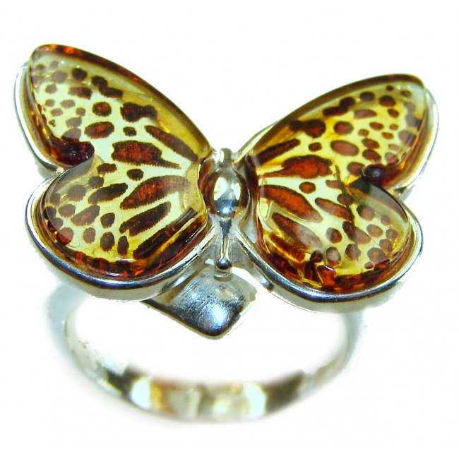 Butterfly Authentic carved Baltic Amber .925 Sterling Silver handcrafted ring; s. 8 adjustable - Butterfly Baltic Amber ring in .925 sterling silver, top view.