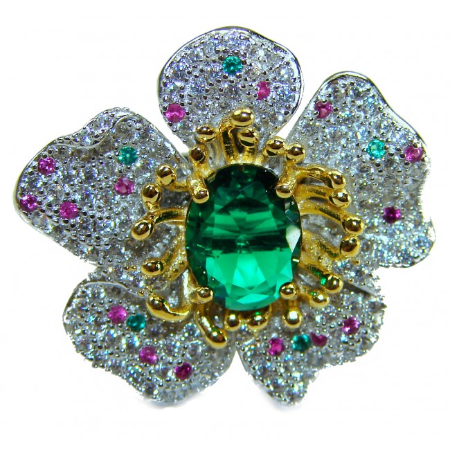 FLOWER - 4.8 carat Authentic Emerald 2 TONES .925 Sterling Silver Handcrafted Ring size 6 1/4 - photo 2