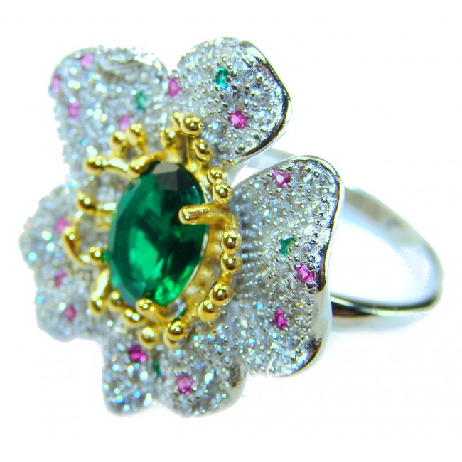 FLOWER - 4.8 carat Authentic Emerald 2 TONES .925 Sterling Silver Handcrafted Ring size 6 1/4 - photo 1