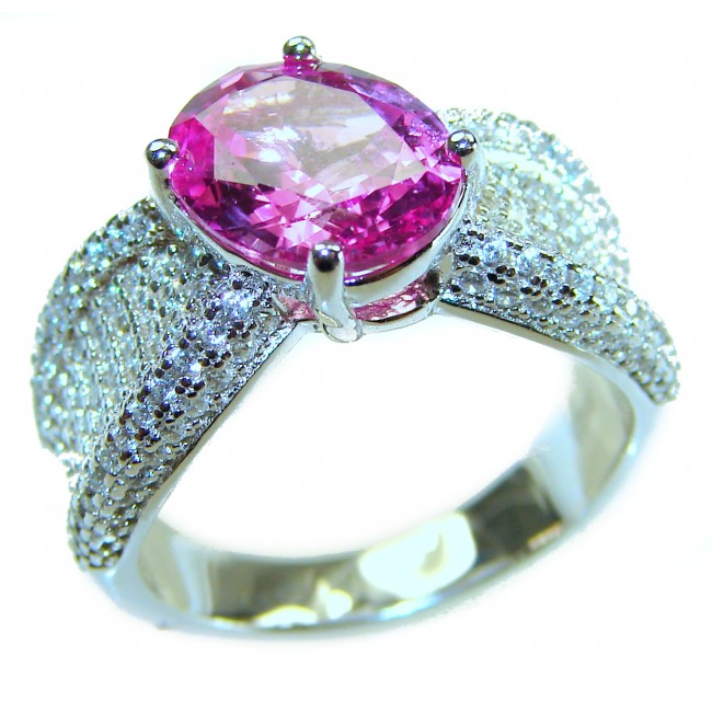 Blooming Orchid 6.8 carat Pink Sapphire .925 Silver handcrafted Cocktail Ring s. 6 - Pink Sapphire 6.8ct .925 Silver ring, side view close-up.