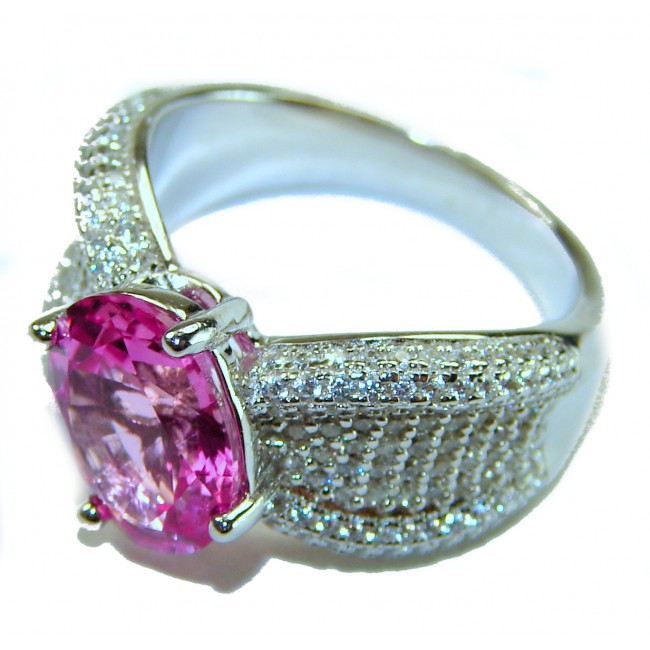 Blooming Orchid 6.8 carat Pink Sapphire .925 Silver handcrafted Cocktail Ring s. 6 - Side view of Blooming Orchid Pink Sapphire in .925 silver ring.