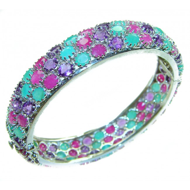 Anna Maria Authentic 61.2 carat Ruby Emerald Sapphire .925 Sterling Silver handmade bangle Bracelet