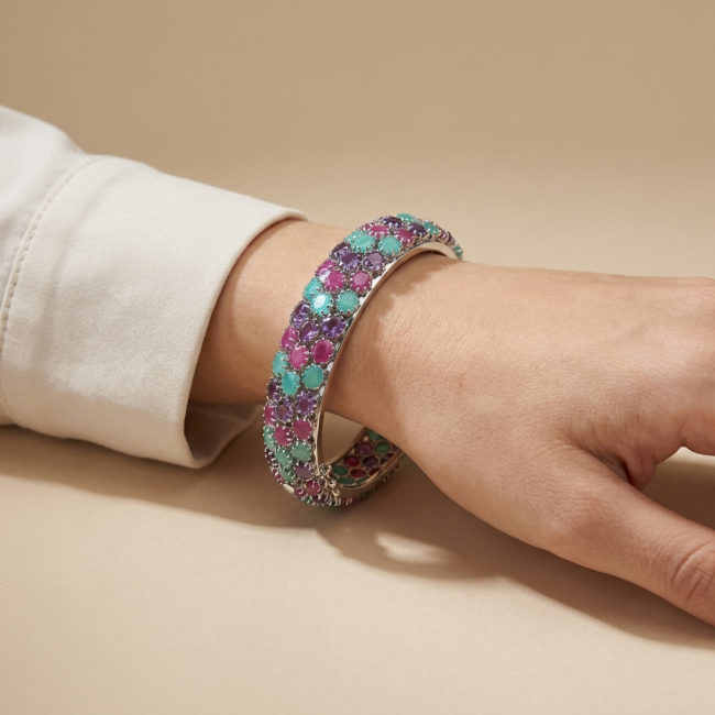 Anna Maria Authentic 61.2 carat Ruby Emerald Sapphire .925 Sterling Silver handmade bangle Bracelet