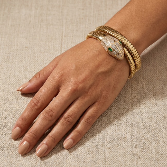 SERPENTINE Precious Snake Genuine 4.2 carat Emerald 925 Sterling Silver dipped in 18K Gold handcrafted Bracelet